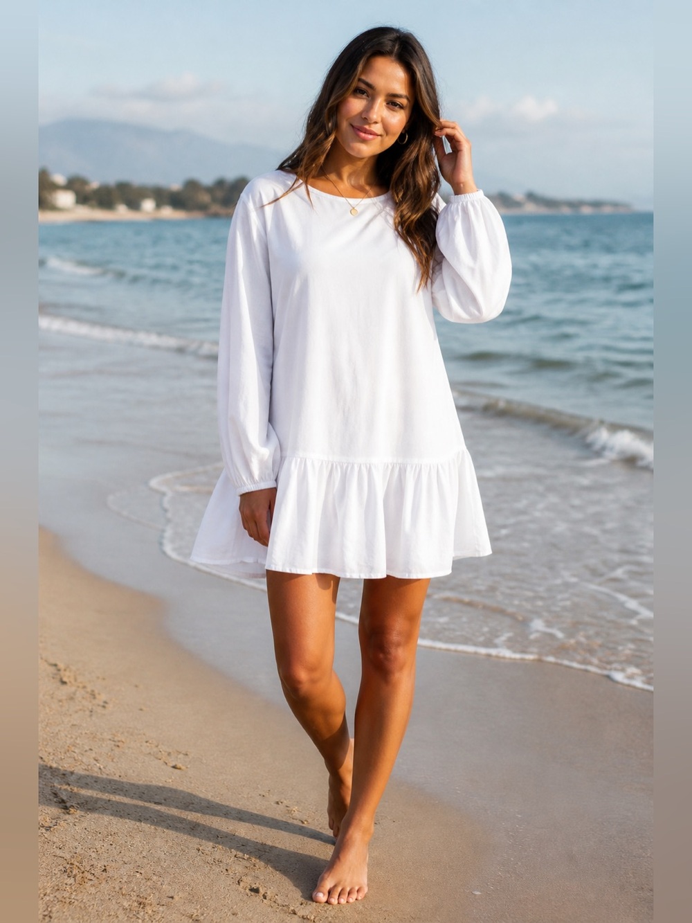 Boohoo White Long-Sleeve Ruffle Mini Dress